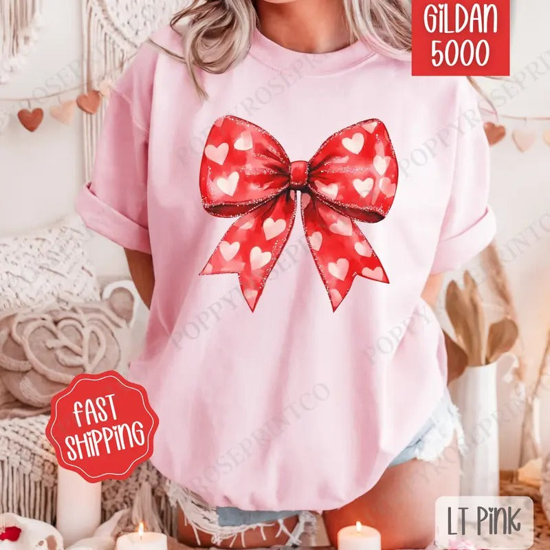 Red Heart Bow Shirt Gildan, Valentine's Day Women's Tee, Holiday Women's Tshirt Plus Sizes