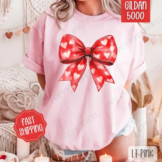 Red Heart Bow Shirt Gildan, Valentine's Day Women's Tee, Holiday Women's Tshirt Plus Sizes