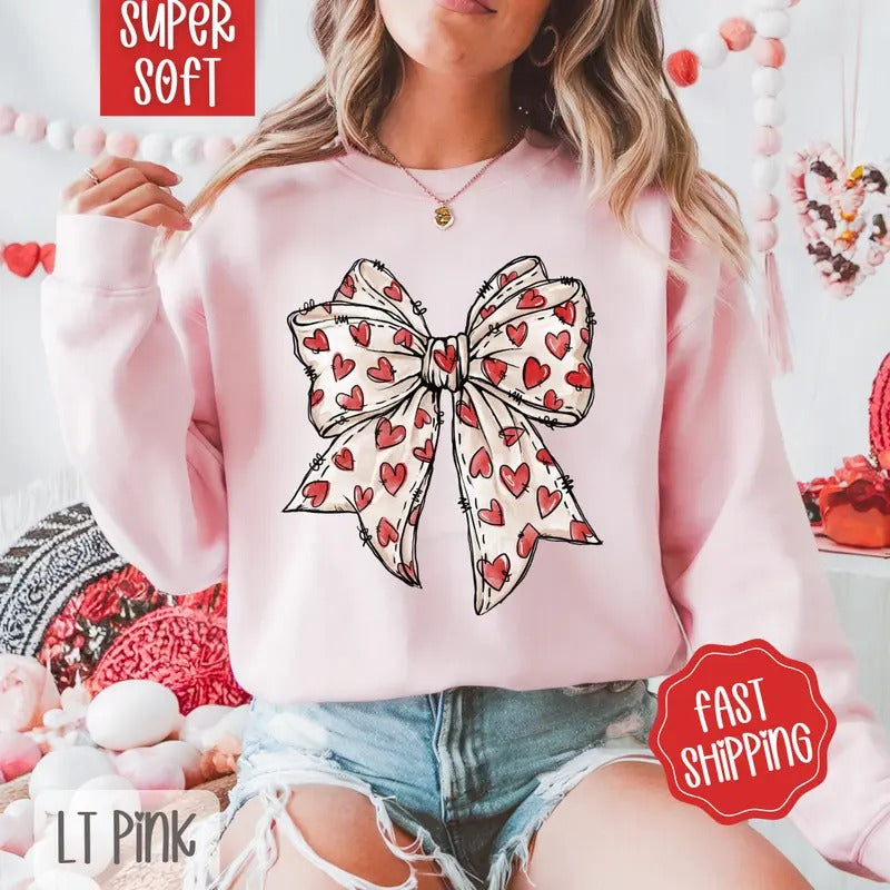Red Heart Bow Sweatshirt, Coquette Valentine's Day Crewneck, Holiday Women's Sweater
