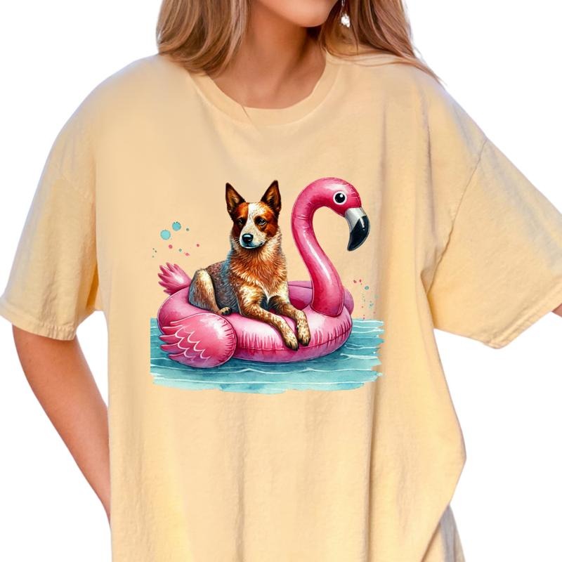 Red Heeler Flamingo Float Dog Shirt ~ Unisex Apparel Relaxed Fit Printed In The USA Clothing Womenswear Casual Comfort Cotton Top Athletic Boho Chic