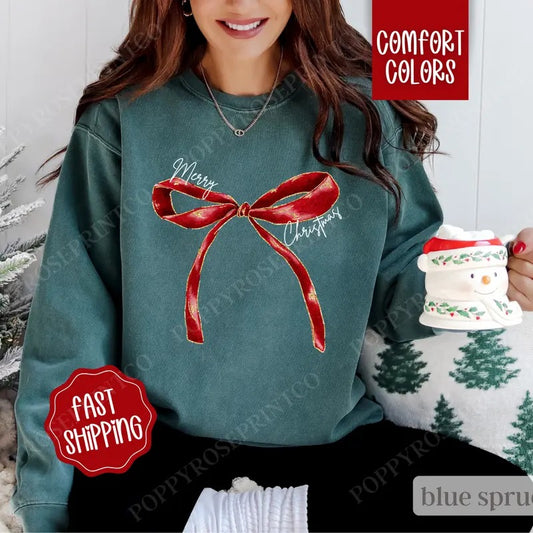 Red Merry Christmas Bow Sweatshirt Comfort Colors, Coquette Merry Christmas Bow Crewneck,  Women's Holiday Sweater