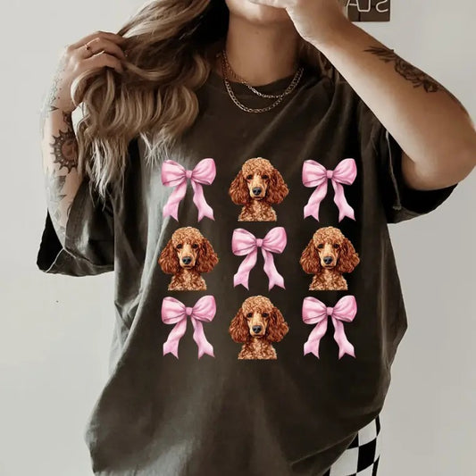 Red Poodle with bows Shirt~ Unisex Apparel Relaxed Fit Printed In The USA Clothing Womenswear Casual Comfort Cotton Top Athletic Boho Chic
