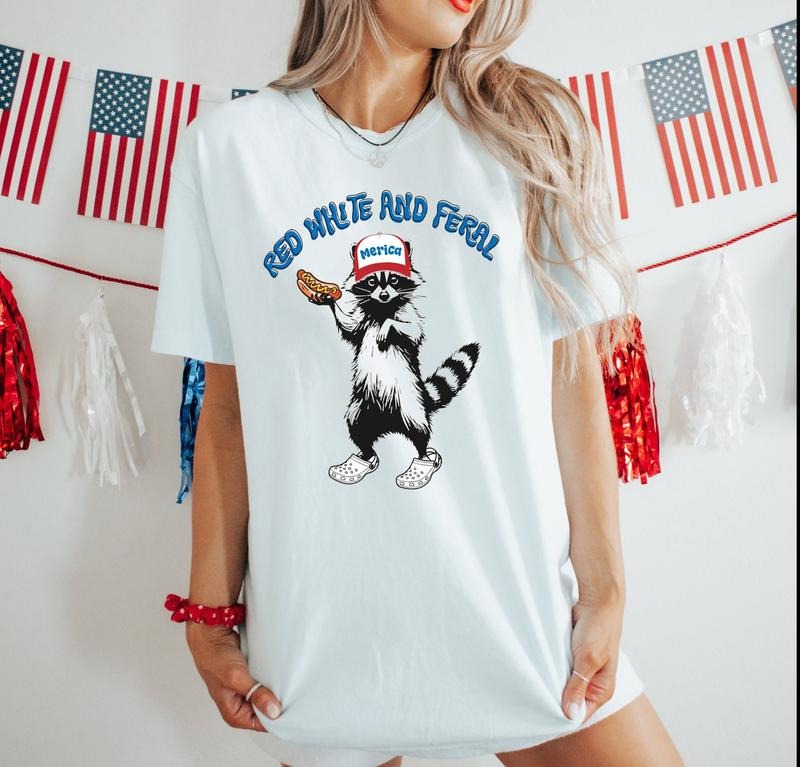 Red White And Feral 4th Of July Shirt, Funny USA Shirt, Funny Raccoon 4th Of July Shirt, Independence Day, Feral Hotdog Raccoon Shirt