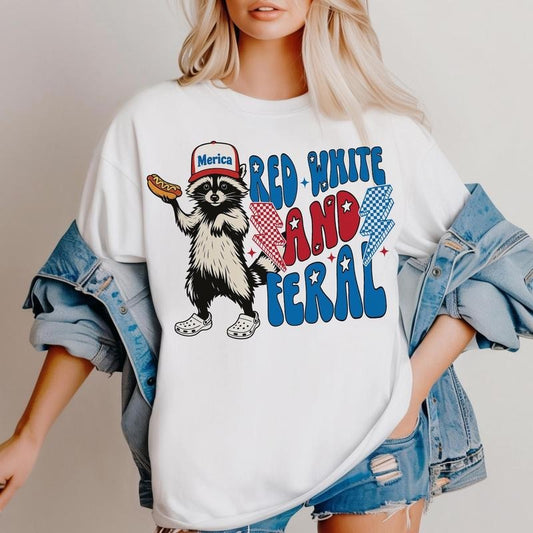Red White And Feral Shirt, Funny Raccoon USA Shirt, 4th Of July Feral Hotdog Raccoon Shirt, Independence Day, Hotdog Merica Shirt
