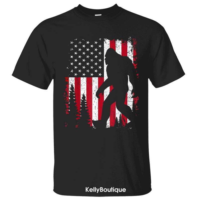 Red White and Bigfoot 4th of July American USA Flag T-Shirt, Gift for Sasquatch Lovers, Independence Day July Patriotic Front Sided Design Unisex Cotton T-shirt for Men for Women