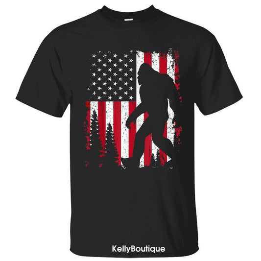 Red White and Bigfoot 4th of July American USA Flag T-Shirt, Gift for Sasquatch Lovers, Independence Day July Patriotic Front Sided Design Unisex Cotton T-shirt for Men for Women
