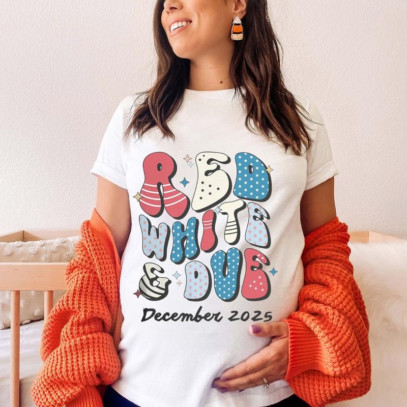 Red White and Due Shirt 4th of July Pregnancy Announcement Matching Couple T-Shirts Gender Reveal Baby Reveal Tee 100% Cotton