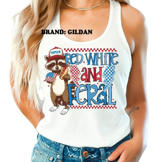 Red White and Feral GILDAN BRAND Shirt - Women's Clothing Direct to Garment Printed USA Unisex Sizing