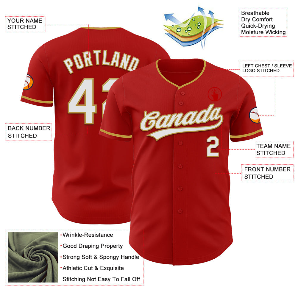 Custom Red White-Old Gold Authentic Baseball Jersey