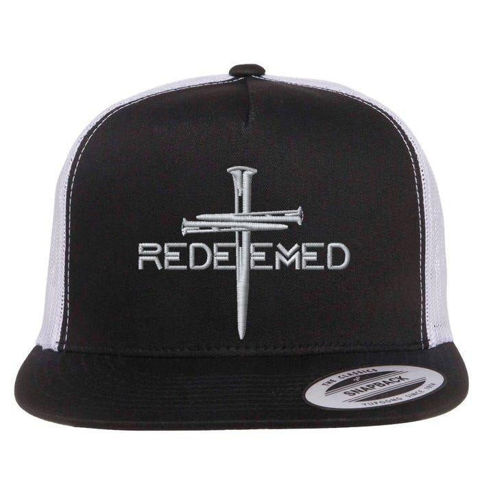Redeemed By Jesus Christ 3 Nails Cross Christian Faith Embroidered Flat Bill Trucker Hat
