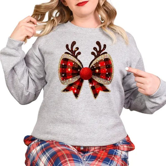 Reindeer Ears & Coquette Bow Christmas Sweatshirt - Red & Black Plaid Print | Playful & Retro-Inspired Design | Perfect for Holiday Parties | Unisex Sizing Up to 5XL | Traditional Christmas Colors for a Festive Look | Cozy & Fun for the Holiday Season