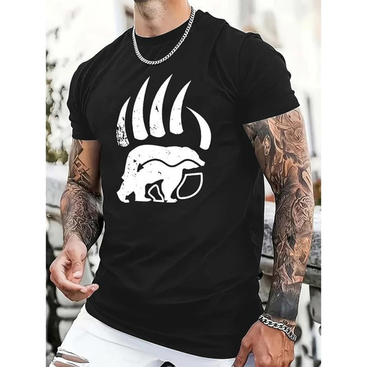 Relaxed Fit Bear's Paw Print Cotton Casual Novel T-shirt - Men's Short-sleeved Summer Shirt for Daily and Outdoor Wear - Comfortable, Fashionable, Street Style Round Neck Tee with Soft Fabric and Easy Care Made in USA