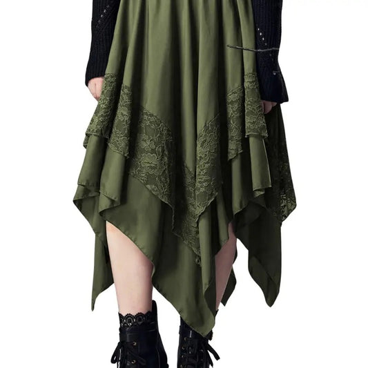 Renaissance Flowy Fairy Skirt Y2k Contrast Lace Layered Asymmetrical Midi Skirts Casual Soft