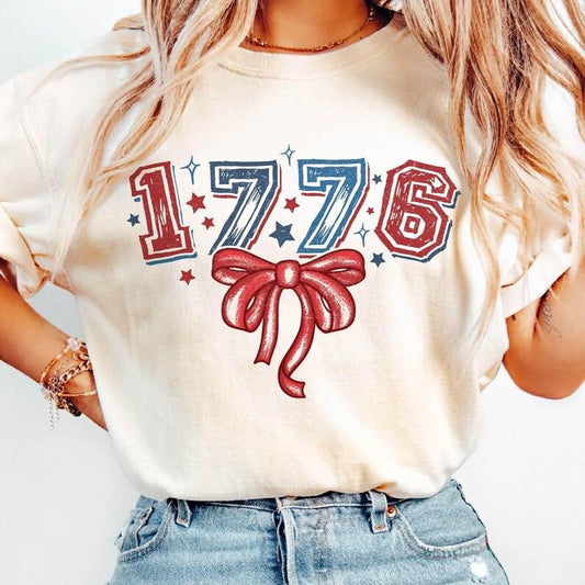 Retro 1776 Coquette tshirt, 4th of July shirt, Vintage America tshirt, Memorial Day shirt, Girly USA sweatshirt, Independence Day shirt, Patriotic tshirt, women's shirts, Gift for Mom, Menswear Top, women top, Gift For menswear