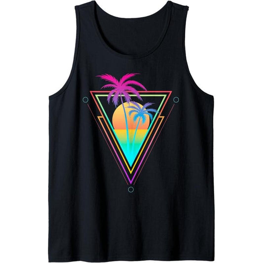 Retro 1980s 1990s Vaporwave Palm Trees Sunset Beach Surf Art Tank Top Made in USA