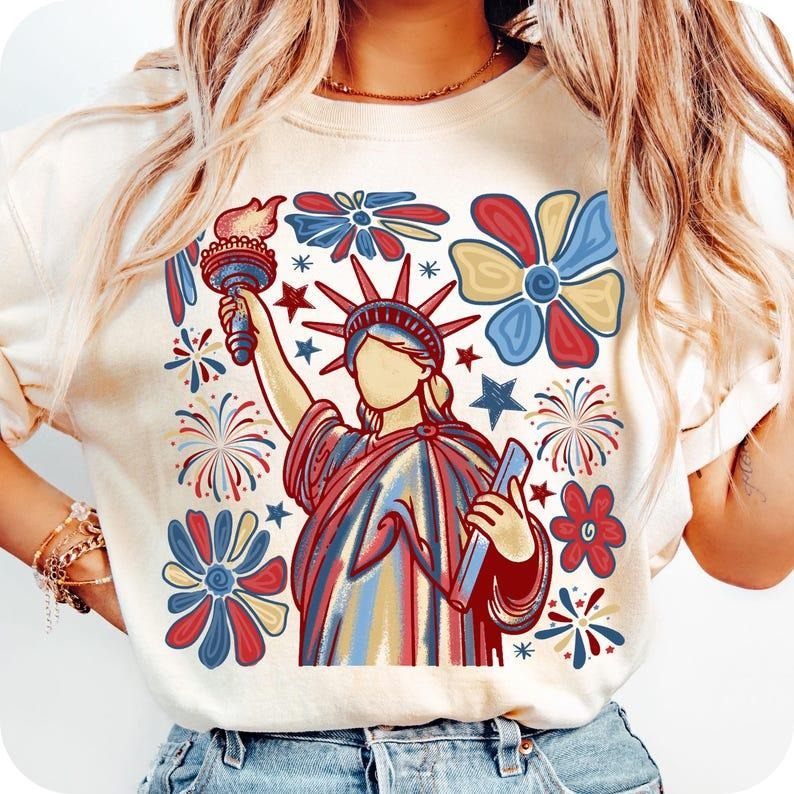 Retro 4th July Statue of Liberty, 4th July t-shirt, America USA sweatshirt, America 4th July t-shirt, Boho Floral 4th Of July, USA Flag, American Girl