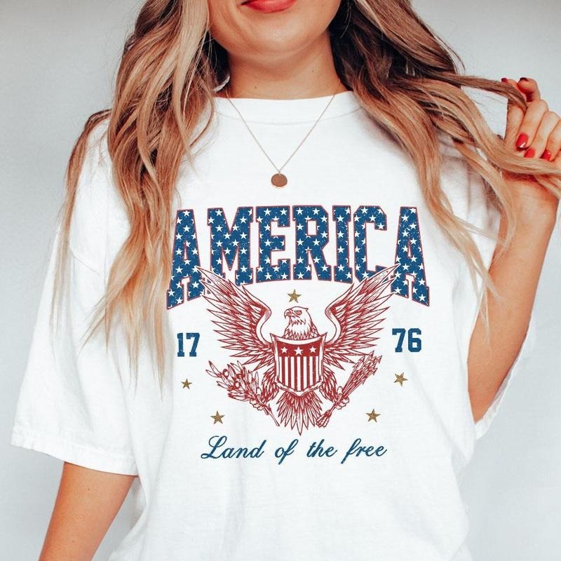 Retro 4th Of July Shirt, America Land Of The Free Shirt, Patriotic Shirt, 4th Of July Checkered Shirt, America Shirt, Independence Day T-Shirt, USA Flag Shirt, 4th of July Gift T-shirt, American Eagle Tee, Independence Day Parade Outfits, Women Top
