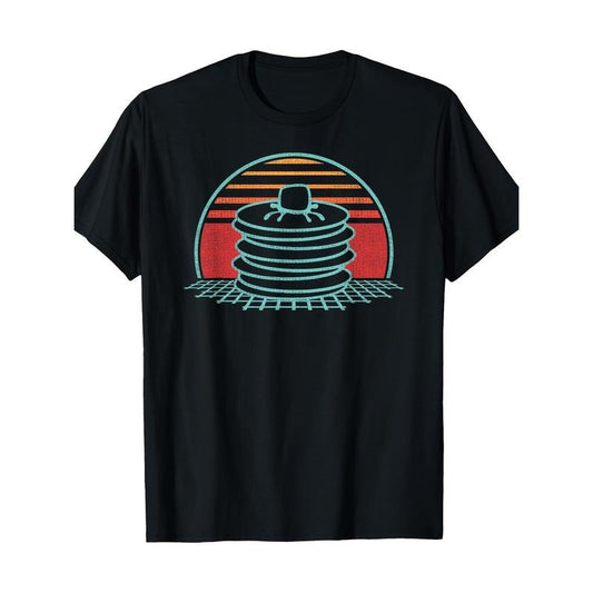Retro 80s Pancake Geometric Pattern Crew Neck T-Shirt - Knit Cotton Fabric, Regular Fit, Short Sleeve, All-Season, Digital Heat Transfer Detail, Casual Weekend Wear Made in USA
