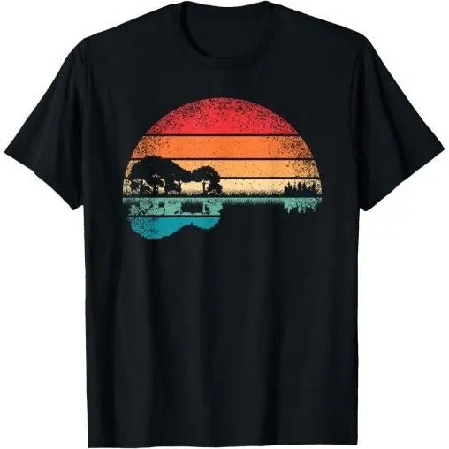 Retro Acoustic Guitar Lake Sunset Guitarist Music Lover Rock T-Shirt Made in USA