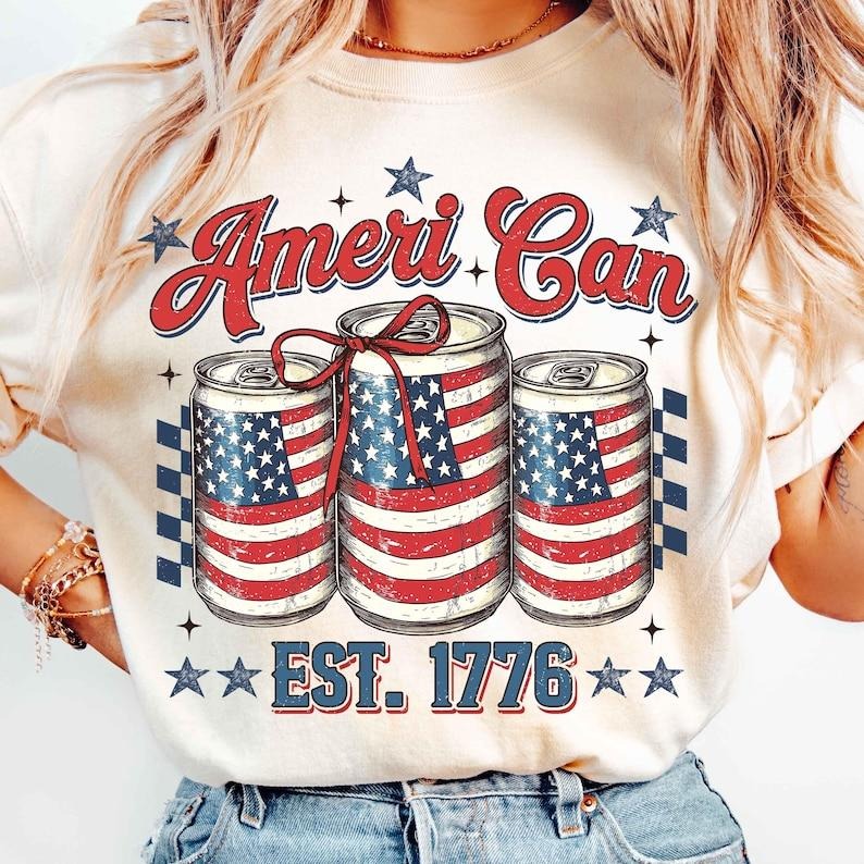 Retro Ameri Can 4th of July USA Beer Can Memorial Day USA Flag Patriotic Drinking Funny America T-Shirt