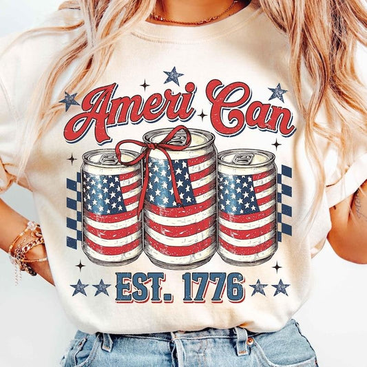 Retro Ameri Can 4th of July USA Beer Can Memorial Day USA Flag Patriotic Drinking Funny America T-Shirt