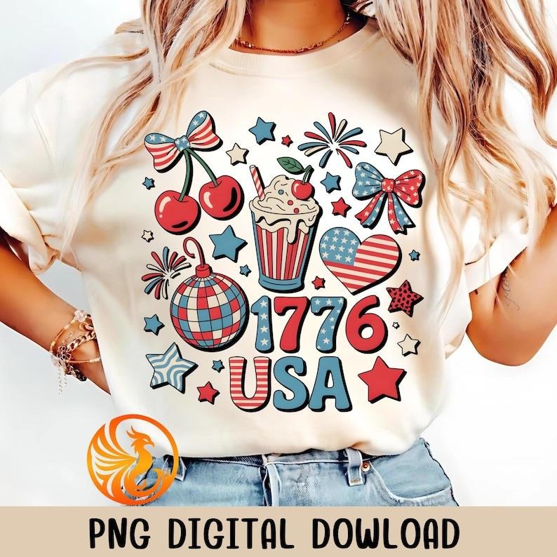 Retro America Coquette Preppy USA Brushstroke Memorial Day 1776 Patriotic Girl T-Shirt