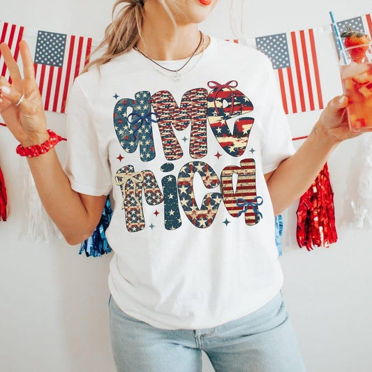 Retro America Coquette t-shirt, 4th of July shirt, America Checkered sweatshirt, Memorial Day tshirt, Girly USA shirt, Independence Day tshirt, Patriotic shirt, women's shirts, Gift for Mom, Menswear Top, women top, Gift For menswear