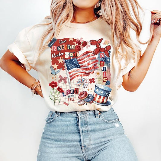 Retro America tshirt, Trendy America Patchwork shirt, 4th of July tshirt, Vintage Memorial Day shirt, USA tshirt, Independence Day shirt, Land of the Free, women's shirts, Gift for Mom, Menswear Top, women top, Gift For menswear