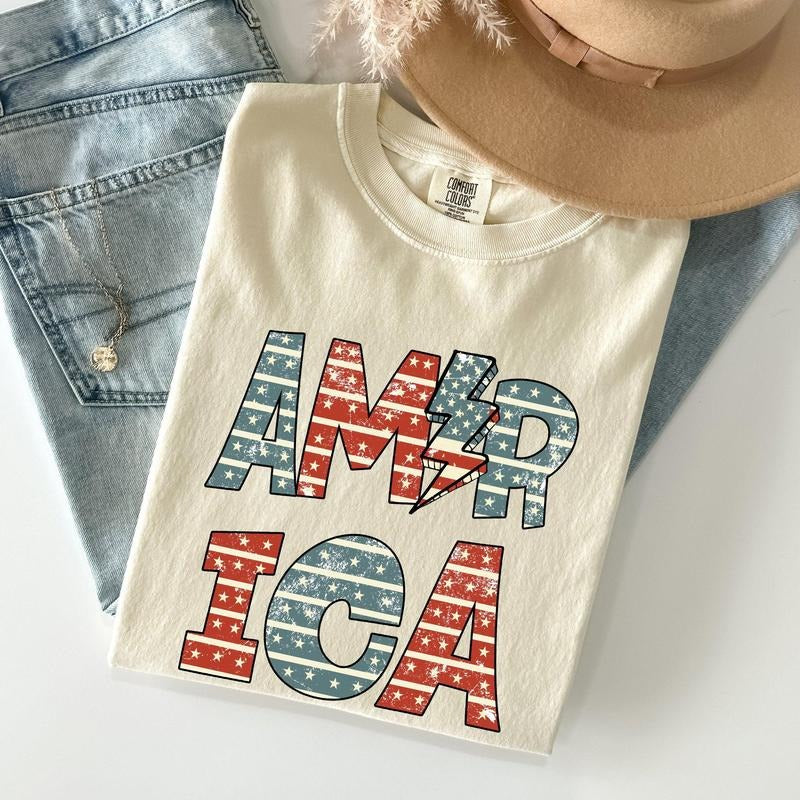 Retro America, Patriotic, 4th of July Comfort Colors Tshirt, Women's Crew Neck, Crewneck