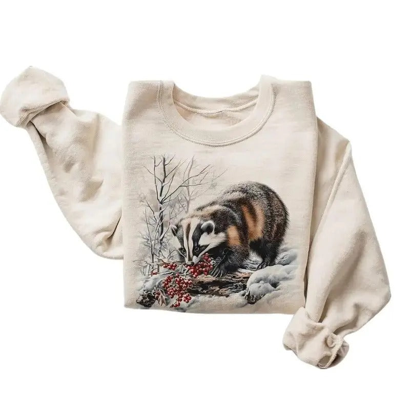 Retro American Badger Winter Scene Sweatshirt - Nineties 90s Vintage Badger Eating Red Berries Outfit Boho Unisex