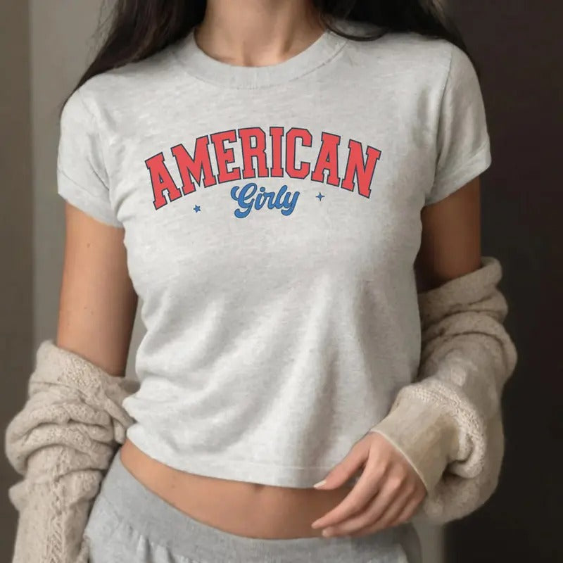 Retro American Girly Baby Tee, USA Flag Baby Tee, USA Independence Day T-Shirt, 4th Of July Baby Tee, Fourth Of July Baby Tee, Aesthetic Baby Shirt