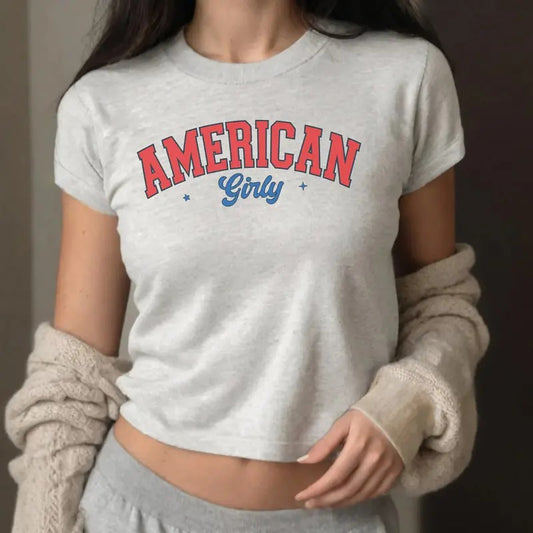 Retro American Girly Baby Tee, USA Flag Baby Tee, USA Independence Day T-Shirt, 4th Of July Baby Tee, Fourth Of July Baby Tee, Aesthetic Baby Shirt