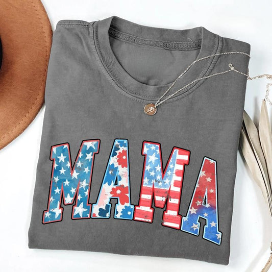 Retro American Mama Tee, Comfort Colors USA Shirt, Vintage 4th of July Graphic T-Shirt, Stylish Independence Day Outfit, All size, Top