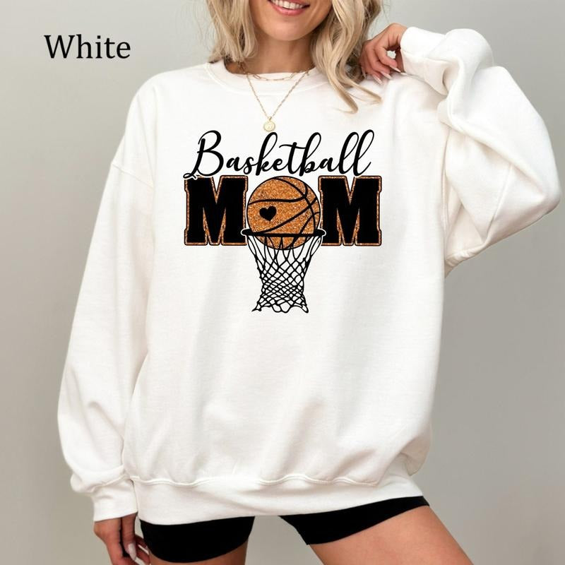 Retro Basketball Mom Sweatshirt, Sparkly Glitter Basketball Tee, Trendy Basketball Mama Game Day Shirt, Cozy Fleece Sweatshirt, Everyday Casual Comfort