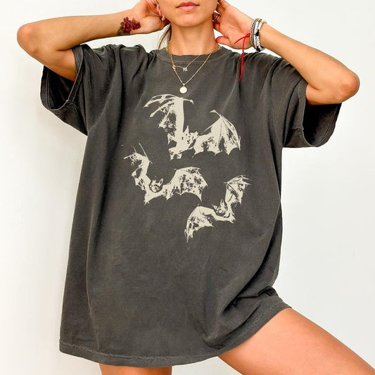Retro Bats Shirt, Three Bats Y2k Graphic Printed Tee, Vintage Gothic Vampire Bats Unhinged Shirt, Vintage 90s Style Bat T-shirt, Spooky Vibes Tee, Gothic Bats Comfy Fabric Graphic Tee, Women's Tops, Womenswear, Cotton Fabric Relaxed Fit Chic Style