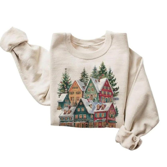 Retro Bavarian Christmas Village Shops Sweatshirt - 90s Vintage Decorated Pine Trees Snowman and Deer Cotton