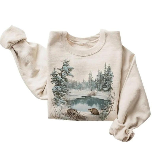 Retro Beavers Winter Pond Snowy Scene Sweatshirt - Nineties 90s Vintage Cute Woodland Creatures Cotton Pullover Menswear Day