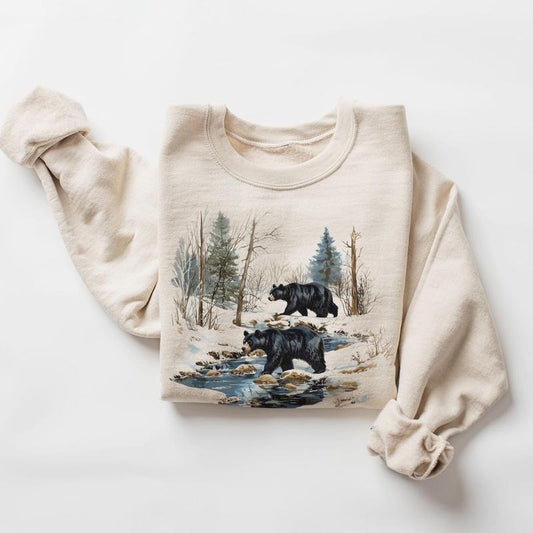 Retro Black Bears Winter Creek Scene Sweatshirt - Nineties 90s Vintage Sow & Boar Bears Camping Outfit - Boho Unisex Crewneck Sweatshirt