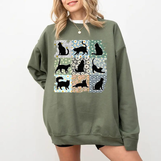 Retro Black Cat Floral Sweatshirt, Vintage Black Cat Crewneck, Cat Sweater, Black Cat Shirt, Cat Lover Gift Shirt, Cat Mom Sweatshirt, Floral Cat Shirt
