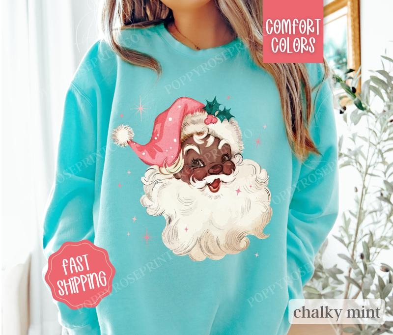 Retro Black Santa Sweatshirt Comfort Colors, Christmas Sweater,  Coquette Xmas Tshirt, Women's Holiday Crewneck funny santa