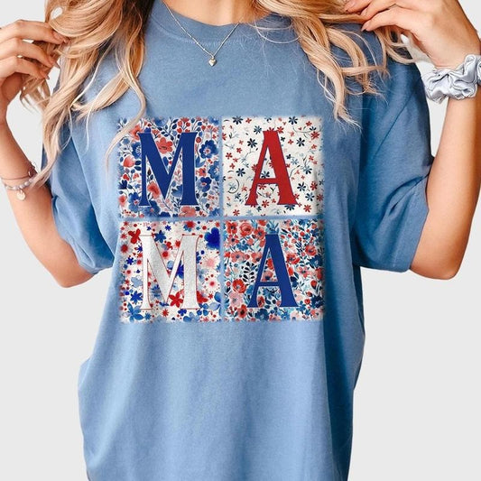 Retro Boho Mama 4th Of July Shirt, 4th of July Comfort Tee, Fourth of July T-Shirt, Floral America Mama Shirt, USA America Freedom, Independence Mama Outfits, New Mom 4th Of July, Mom Women Top