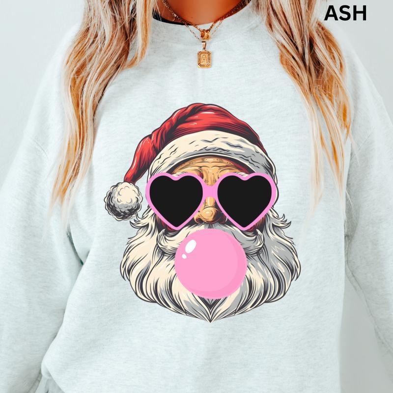Retro Bubble Gum Santa Claus Crewneck, Christmas Sweatshirt, Holiday Christmas Sweatshirt, Winter Season Graphic, Casual Cotton Crewneck, Polyester, Oversized