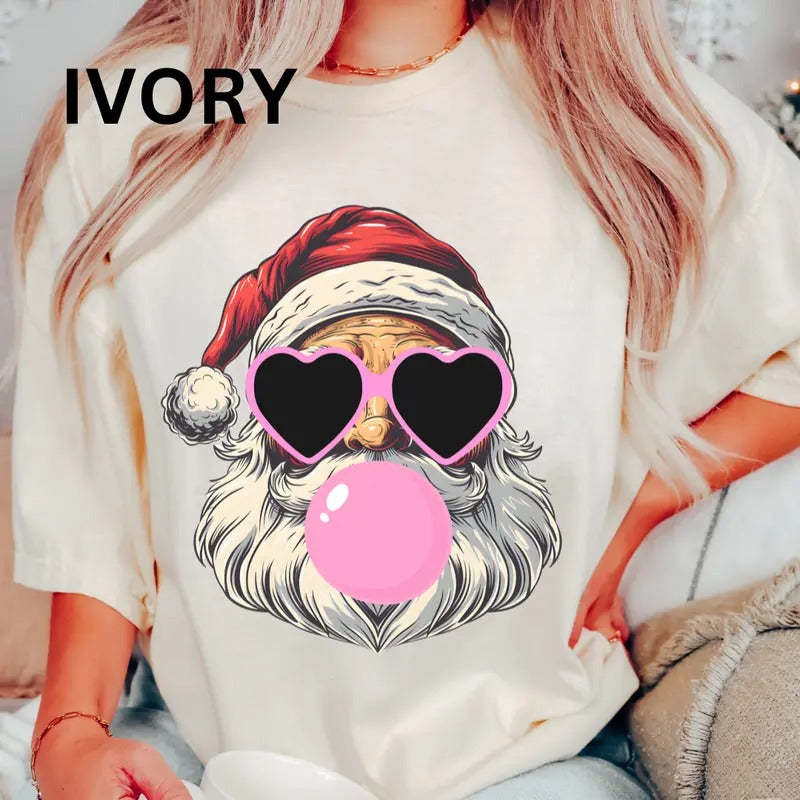 Retro Bubblegum Santa Shirt, Comfort Colors T-shirt, Pink Santa Claus Sweatshirt, Cotton Oversized Sweatshirt, Christmas...