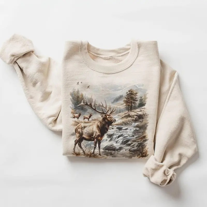Retro Bull Elk Wilderness Scene Sweatshirt - Nineties Vintage Elk Nature Outfit - Boho Unisex Cotton Pullover Womenswear Day