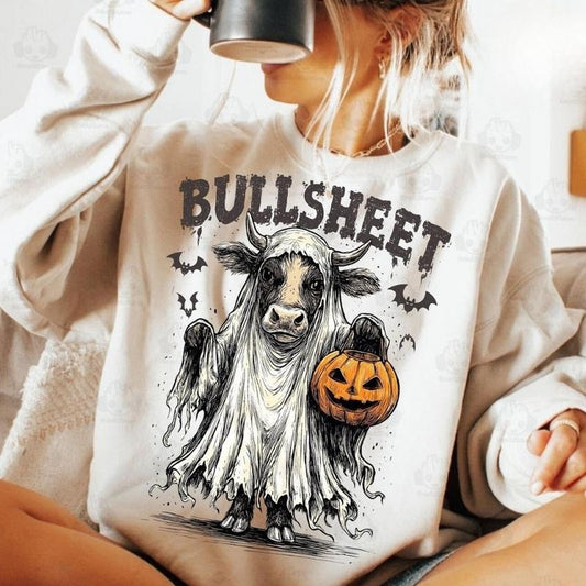 Retro Bullsheet Halloween Moo I Mean Boo Sweater, Funny Halloween Highland Cow Tee, Trendy Cute Cow Shirt, Trick Or Treat Gift