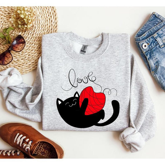Retro Cat Love Funny Sweatshirt, Vintage Valentine's Day Sweatshirt, Crew Neck, Women's, Crewneck, Valentine's Day, Love, Heart, Cupid