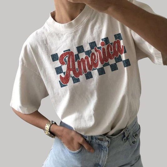 Retro Checkered America Shirt, Vintage America Shirt For Women, 4th Of July Tee, Checkered America Tee, American Patriotic USA Tshirt, Independence Day Shirt, Fourth of July Shirt, Casual Women's Tops, Comfy Cotton Oversized Tee, Relaxed Fit Chic Style