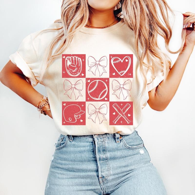 Retro Checkered Baseball Coquette T-Shirt, Game Day Baseball T-Shirt, Baseball Mom T-Shirt, Baseball Bow T-Shirt,...