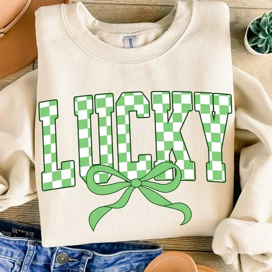 Retro Checkered Lucky St Patrick's Day Coquette Sweatshirt, St Patricks day Sweatshirt, Lucky Sweatshirt, St Patrick, St...