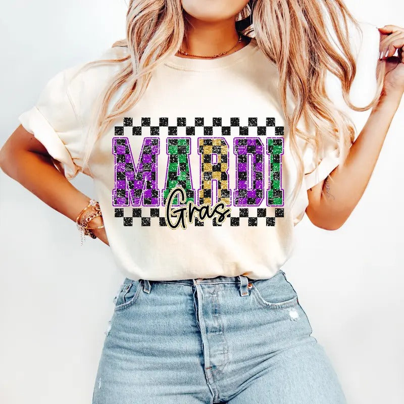 Retro Checkered Mardi Gras Shirt, Glitter Mardi Gras Varsity Sweatshirt, Fleur De Lis Shirt, Mardi Beads Louisiana Festival Shirt